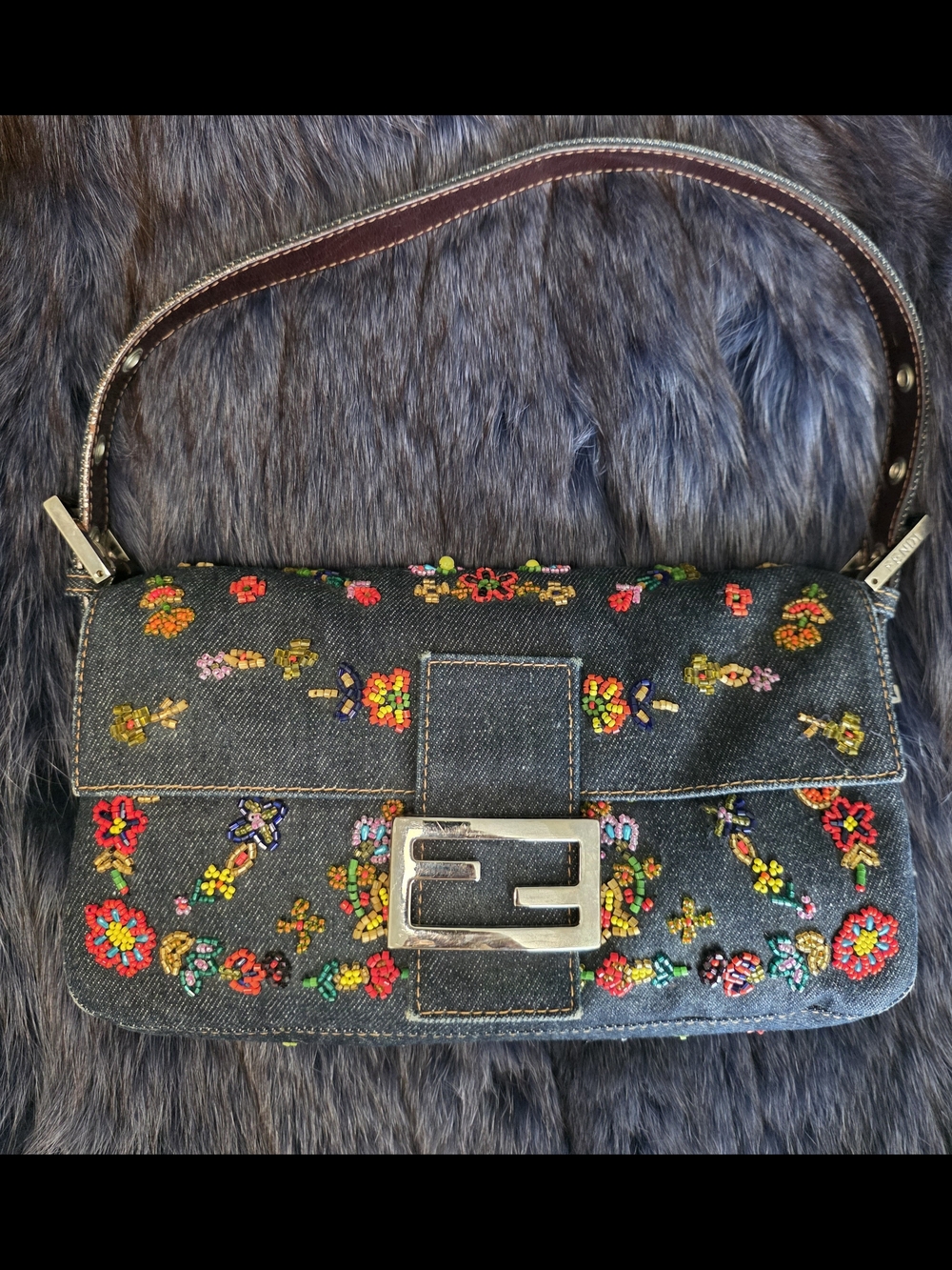 Fendi Denim Baguette Shoulder Bag with Floral Embroidery And Extra Beads - Picture 1 of 10